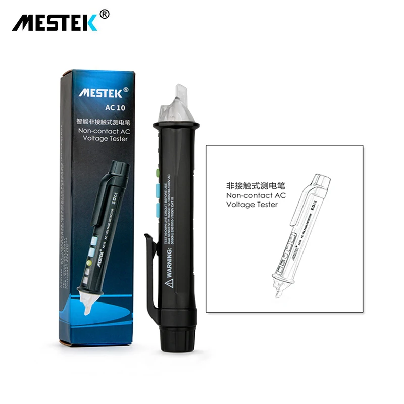 

MESTEK AC10 AC Voltage Tester Pen Non-Contact Volt Detector Stick Adjustable Range Soundlight Alert 12V~1000V Flashlight