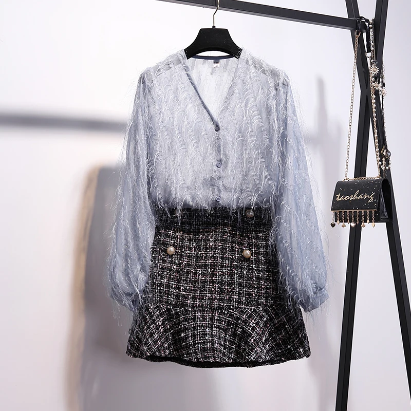 

2019 Summer 2 Piece Skirt Suit Women Sexy See Through Feathers Tassels Chiffon Blouse Shirt +tweed Pencil Mermaid Mini Skirt Set