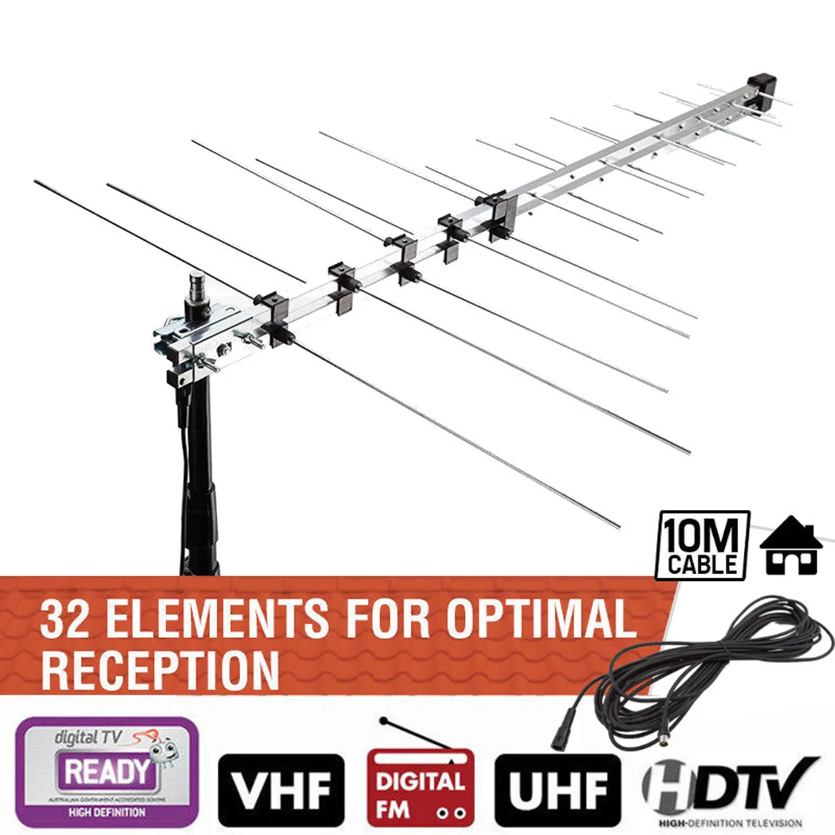 

32 Element TV Antenna Outdoor Digital Aerial UHF VHF HD FM Amplified 8.5db DVB-T Signal Booster TV Receiver Accessories 111.5cm