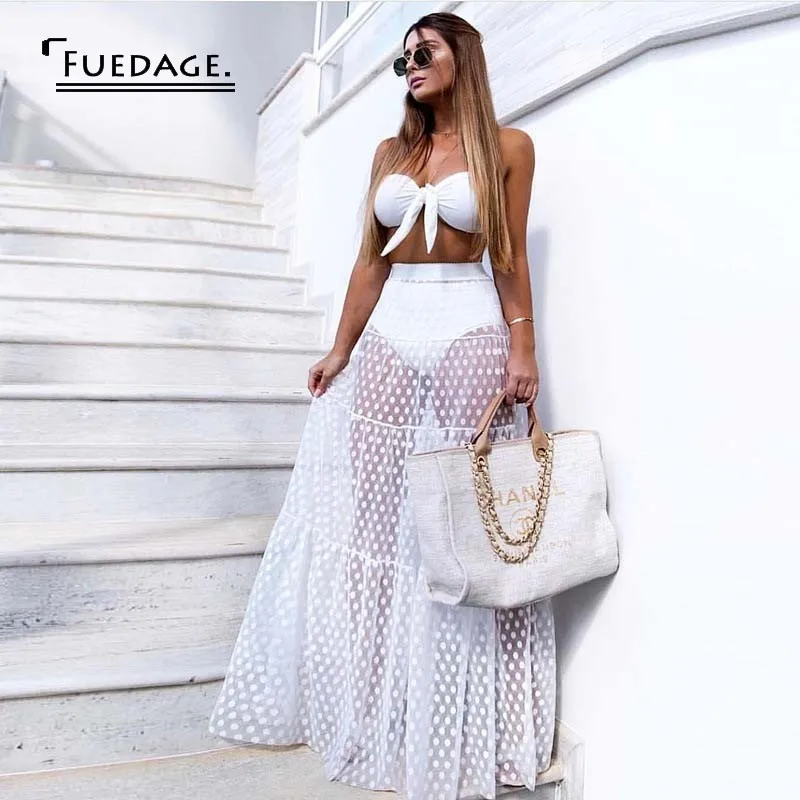 

Fuedage Elegant Wave Point Pleated Elastic Waist Maxi Skirt Summer Womens Sexy See Through Dot Mesh Long Skirt BeachWear
