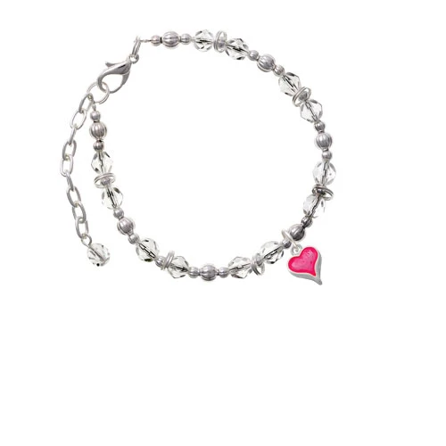 Silvertone Small Long Hot Pink Heart Clear Beaded Bracelet |