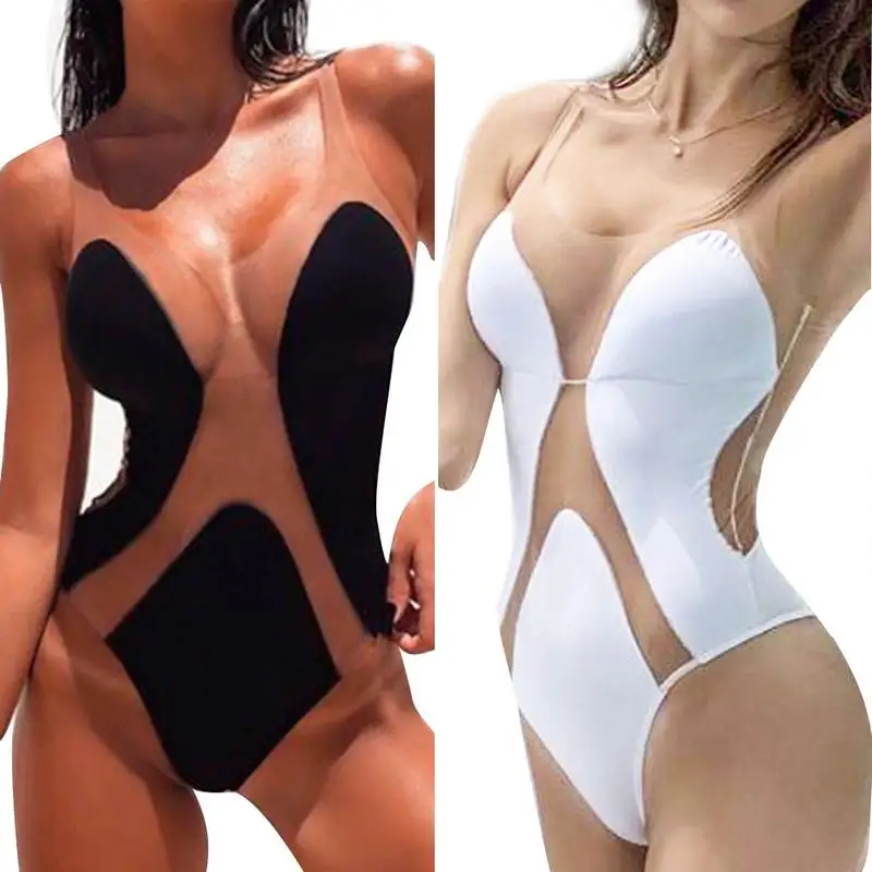 

Super Sexy Bikini Women's Swimsuit Splicing Transparent Mesh One Piece Detachable Chest Pad See Through Swimwear Body Suit