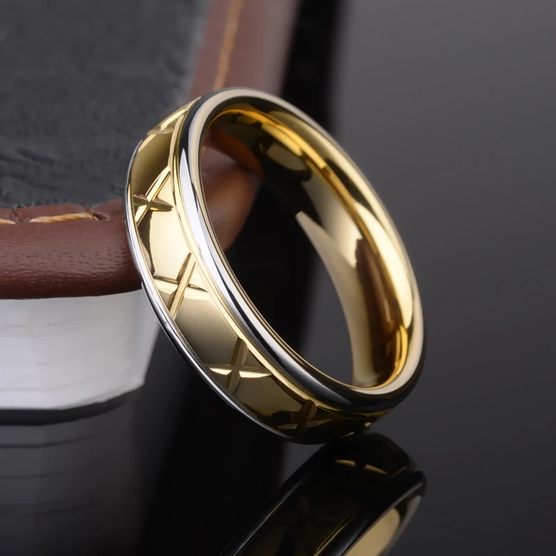 

2019 New 8mm Width Gold Color Tungsten Carbide Rings for Man Cross Grooving the Surface High Polished Comfort Fit Size 6-11