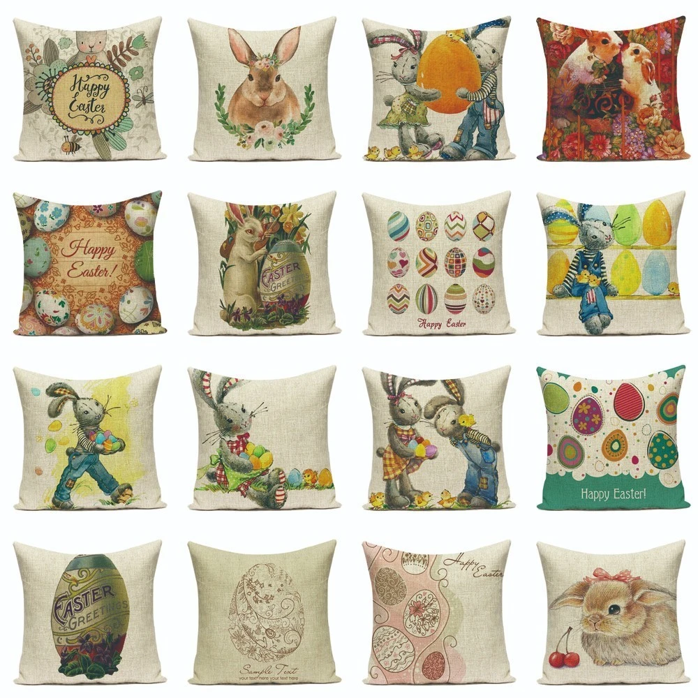 Flowers Vivid Rabbits Throw Pillow Case Linen Bunny Cushion Cover Easter Decor Flowers Vivid Rabbits Throw Pillow Case Linen Bunny Cushion Cover Easter Decor