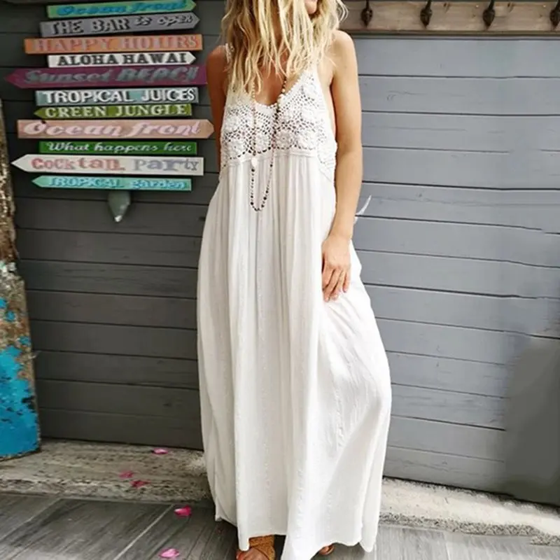 

Sexy Strap Backless Beach Long Dress Women Boho Summer Deep V Sundress Holiday Elegant White Robe Hollow Black Maxi Dresses 2019