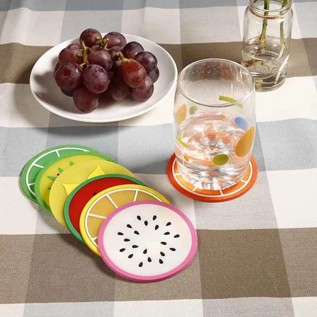 

Pack of New Cushion Home Cup Pattern Decor Dining Placement Holder Fruits Coasters Drink Silicone Mat Coaster 7Pcs Room