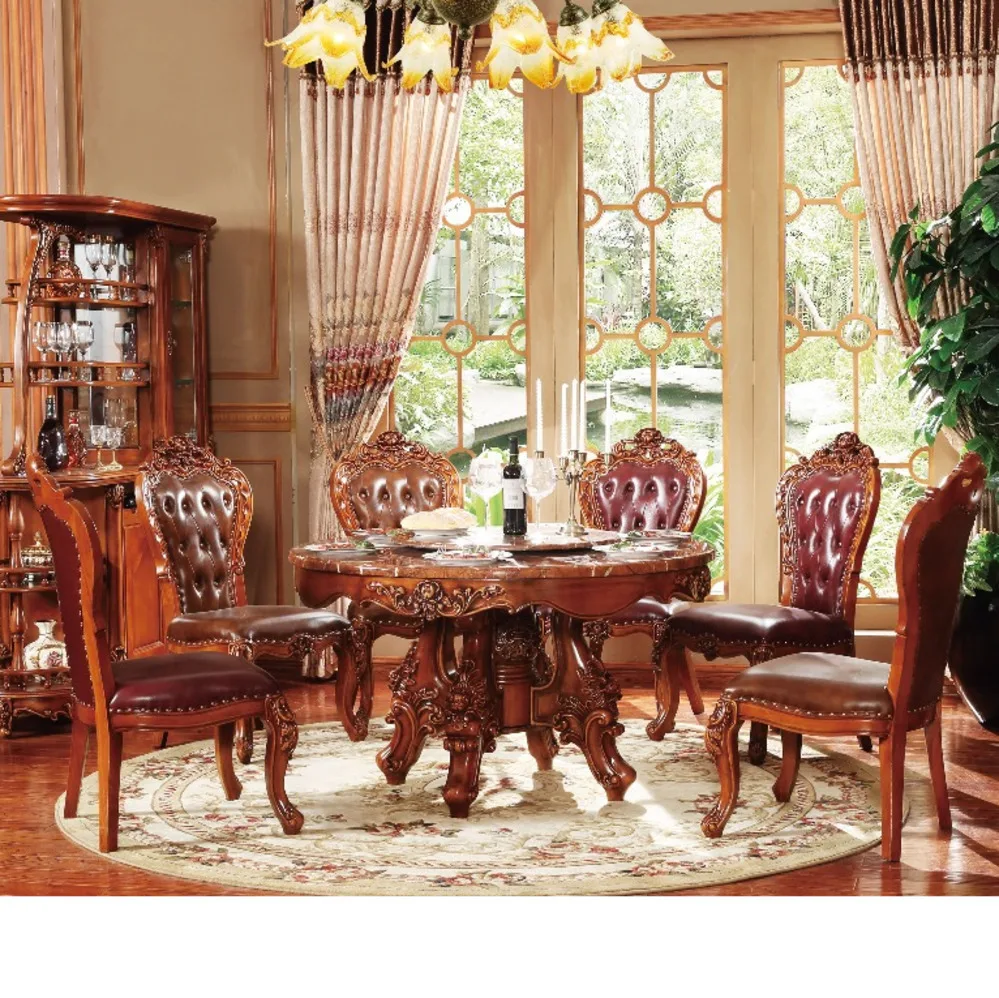 New classical dining room furniture wooden carving kitchen table set muebles chair marble mesa plegable de jantar sala comedor