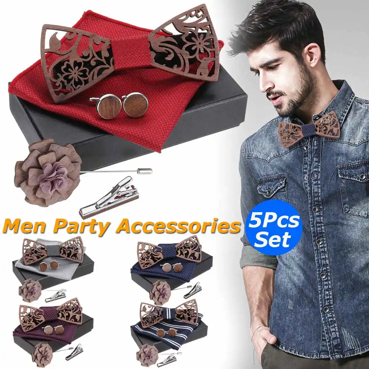  Men Women Wooden Bow Tie Set Handkerchief Lapel Flower Elastic Bandage Box Gift Fashion Adult Costu