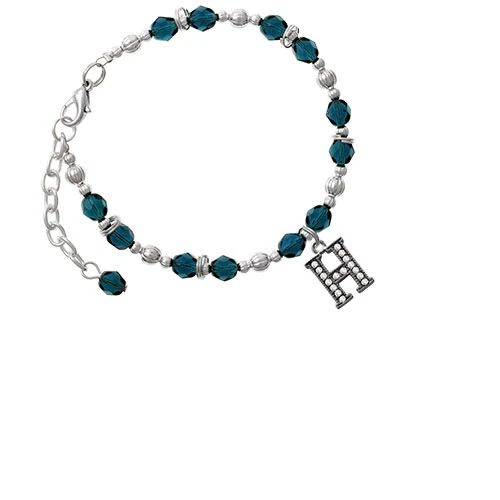 Black Nickeltone Crystal Initial - H Beaded Border Navy Blue Bracelet |