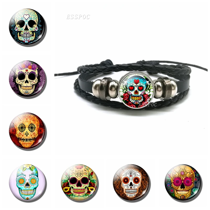 

Sugar Skull Bracelet Mexico Folk Art Sugar Skull Black Leather Bracelet Day of the Dead Jewelry Halloween Gift Tourist Souvenir