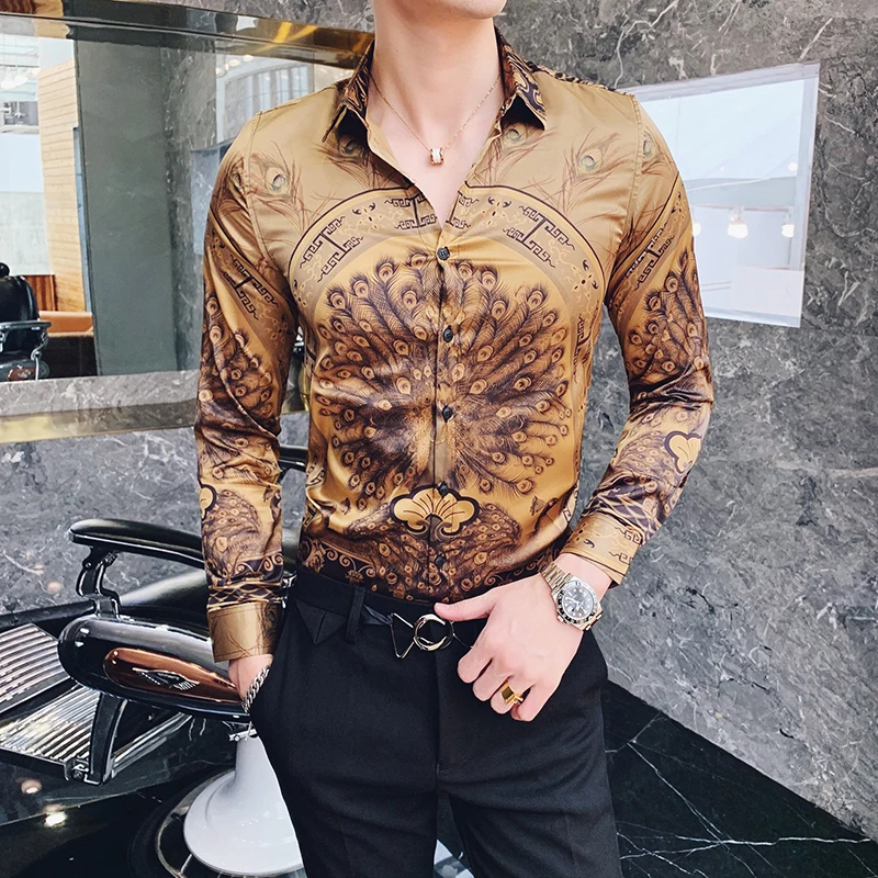 Gold Printed Dress Shirts Luxury Ropa De Hombre Casual Shirts Mens Club ...