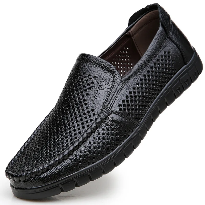 AlexBu 2019 New Men Genuine Leather Casual Shoes Man Loafers Comfortable Slip On Leather Shoe Mesh Breathable Brand DropShipping