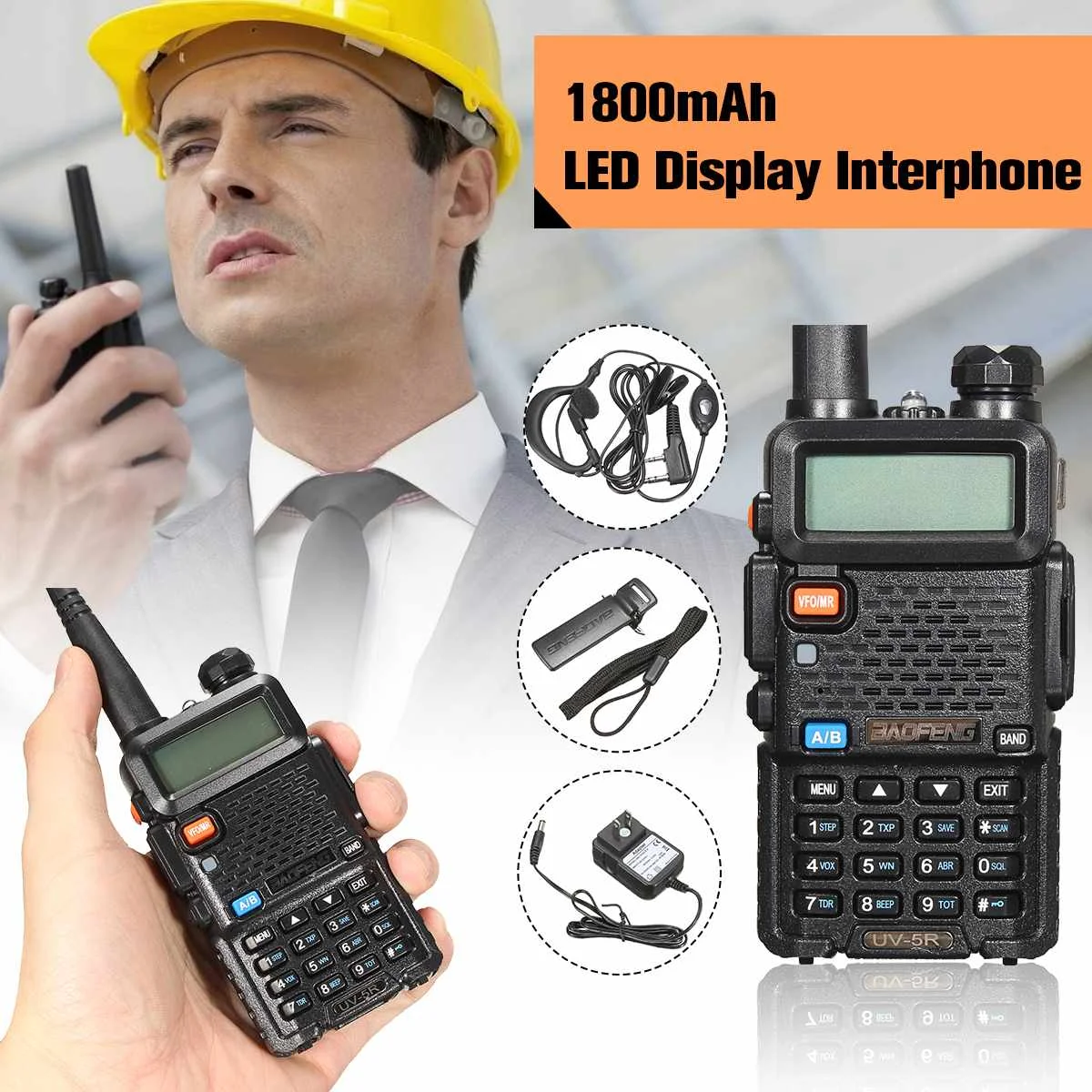 

BAOFENG UV-5R Black Dual for Band 136-174/400-520Mhz FM 2 Way Radio 55x30x94mm With Ear hook earphone