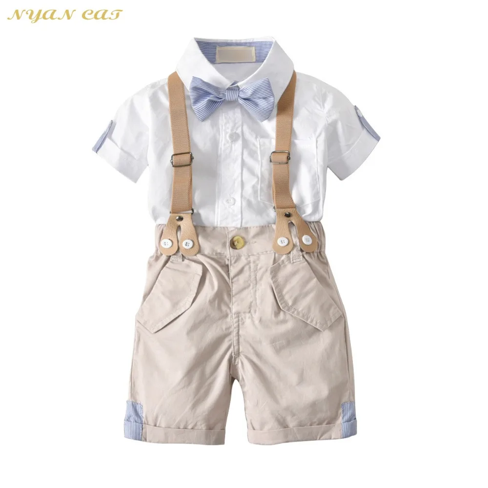 

Boys Set 4pc Suit Baby Set Summer outfit Birthday Party Wear Shirt Suspender Pants Bow tie Little Gentlemen Clothes Suit