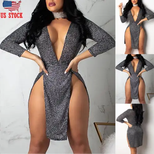 

New Women's Sexy Sequin Summer Short Dress Slit Party V Neck Evening Club Wear Mini Long Sleeve Bodycon Dress