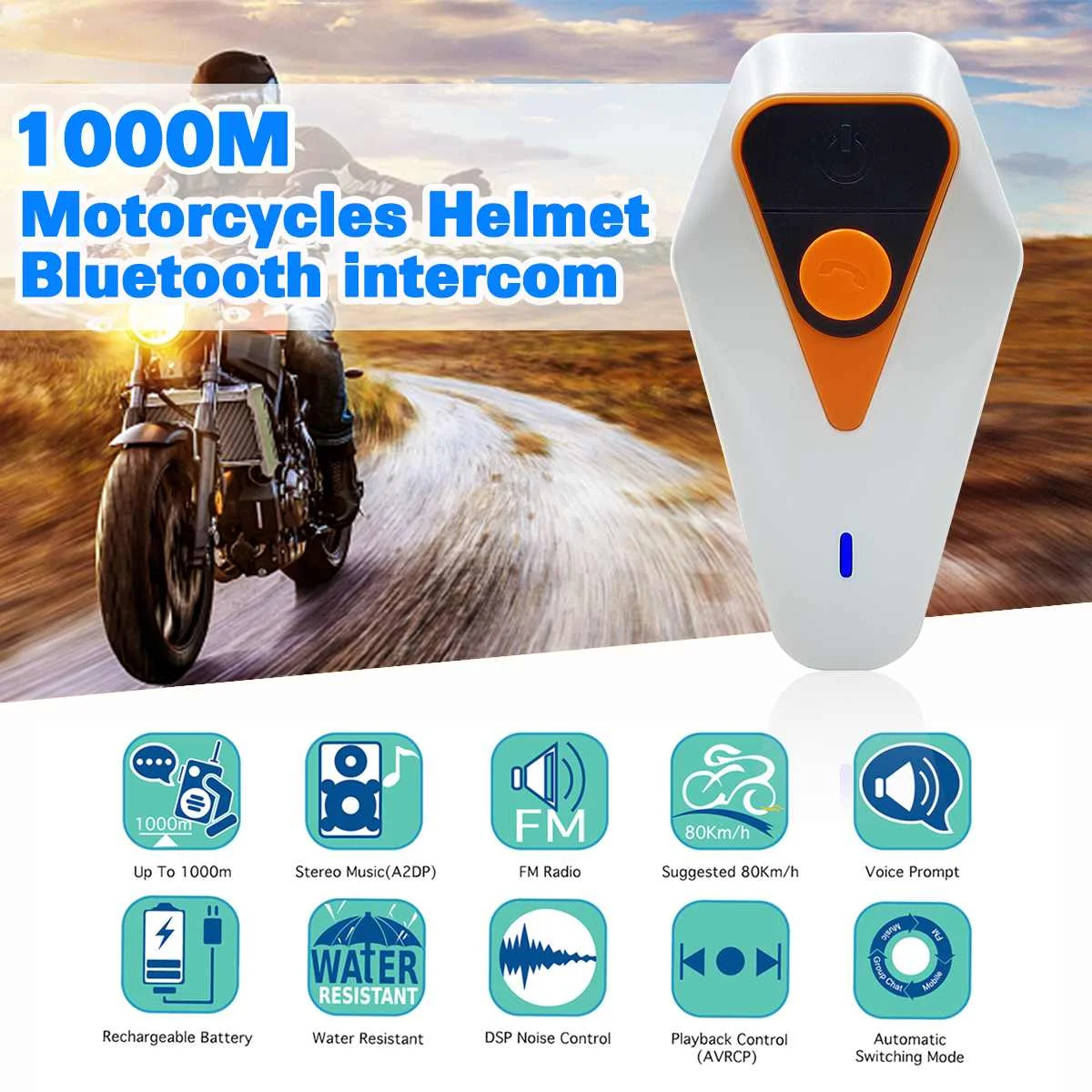 

IP67 1000m Waterproof Motorcycle Helmet Bluetooth Wireless Headset Handsfree Motorcycle Bluetooth Intercom With FM Radio