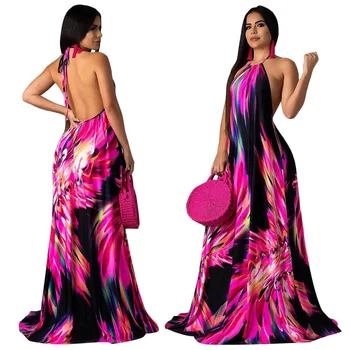 

Cross-Border European And American Fashion Spring Summer Women Digital Print Halter Mop the Floor Put on a Large Dress