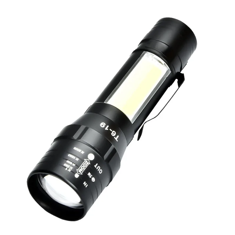 Мини T6 + COB 4 режима фонарик USB Перезаряжаемый масштабируемый передний боковой