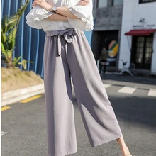 2019 new Women Chiffon High Waist Wide Leg Pants Bow Tie Drawstring Sweet Elastic Waist Loose Ankle-length Pants Trousers scallop hem tie waist wide leg pants
