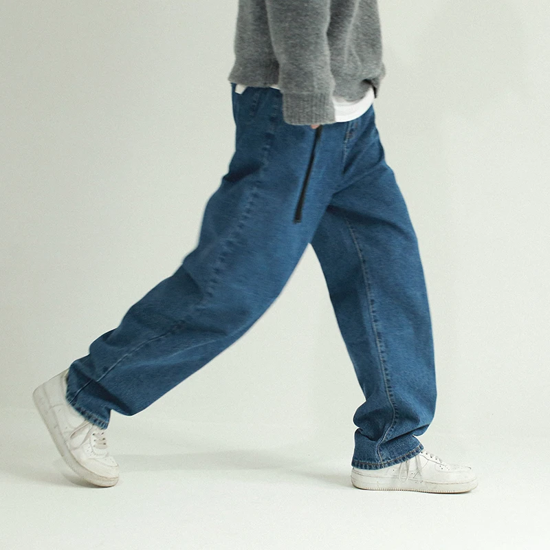 Мужские и женские прямые брюки однотонные повседневные свободные джинсы синие S