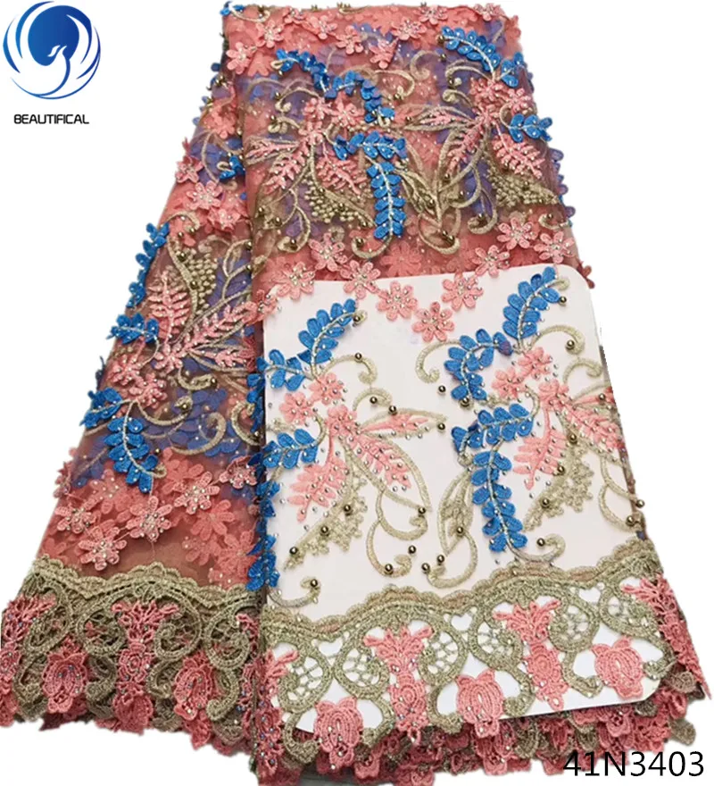 

Beautifical nigerian fabric lace beautiful lace fabric 2018 lace fabric for wedding dress beaded rhinestones 5 yards/lot 41N34