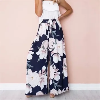 

arrival Women Floral Print Stretch Pants Ladies Wide Leg Long Bohemian Loose Palazzo Trousers High Waist Wide Leg Long Trousers