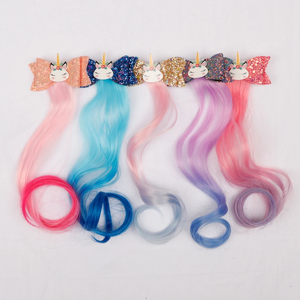 

ncmama Hair Accessories Hair Bows for Girls 3" Cartoon Unicorn Party Glitter Hair Clips with Long Wig Hairgrips Kids Headdress