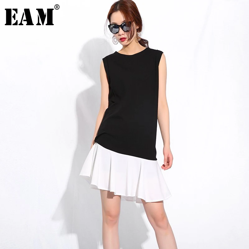 

[EAM] 2019 New Spring Summer Round Neck Sleeveless Hit Color Ruffles Split Joint Temperament Dress Women Fashion Tide SC1990