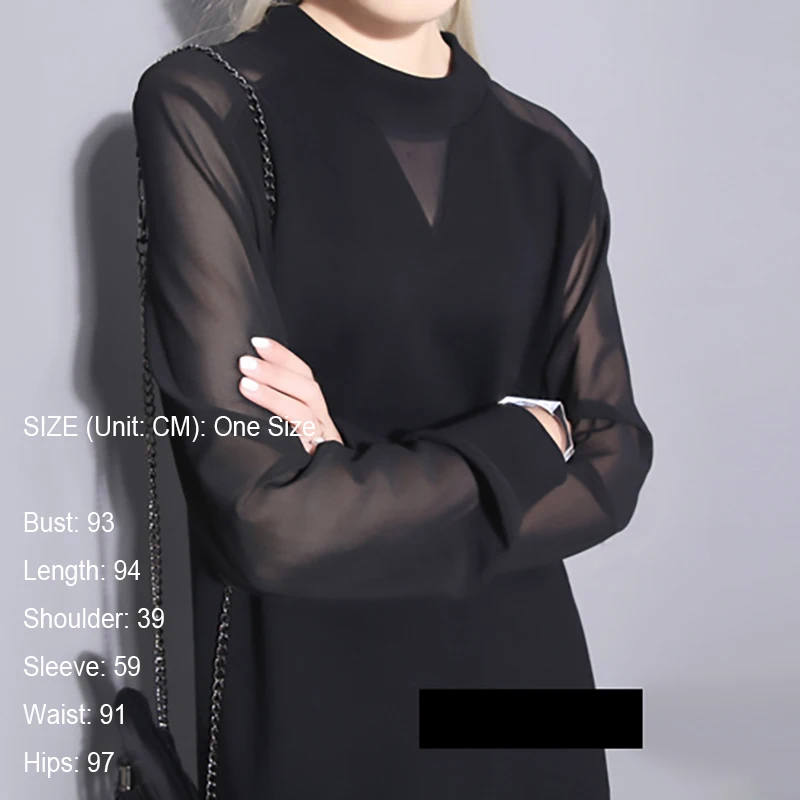 

[EWQ] 2019 New Spring Summer Round Collar Long Sleeve Black Mesh Stitch Loose Perspective Casual Dress Women Fashion Tide JO270