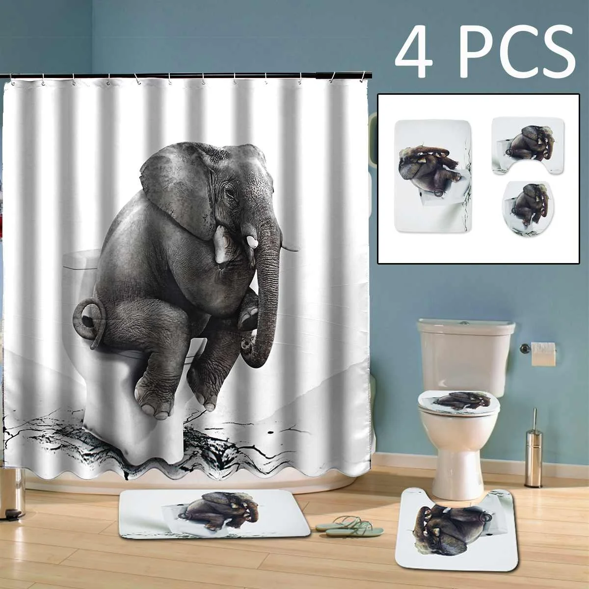 

3D Printed Elephant Waterproof Shower Curtain Polyester Bathroom Toilet Cover Mat Set Bath Thicken Shower Curtains Home Decor