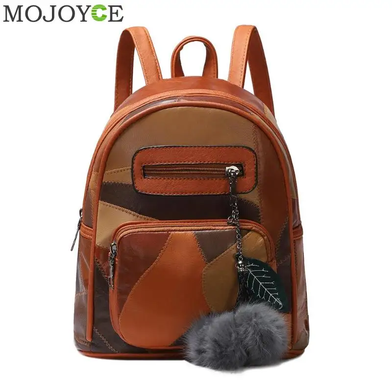 

Vintage Small Women Backpack Casual Hair Ball Leaf Travel Satchel Leaf Pendant PU Leather Shoulder School Bags Pendant Bolsas