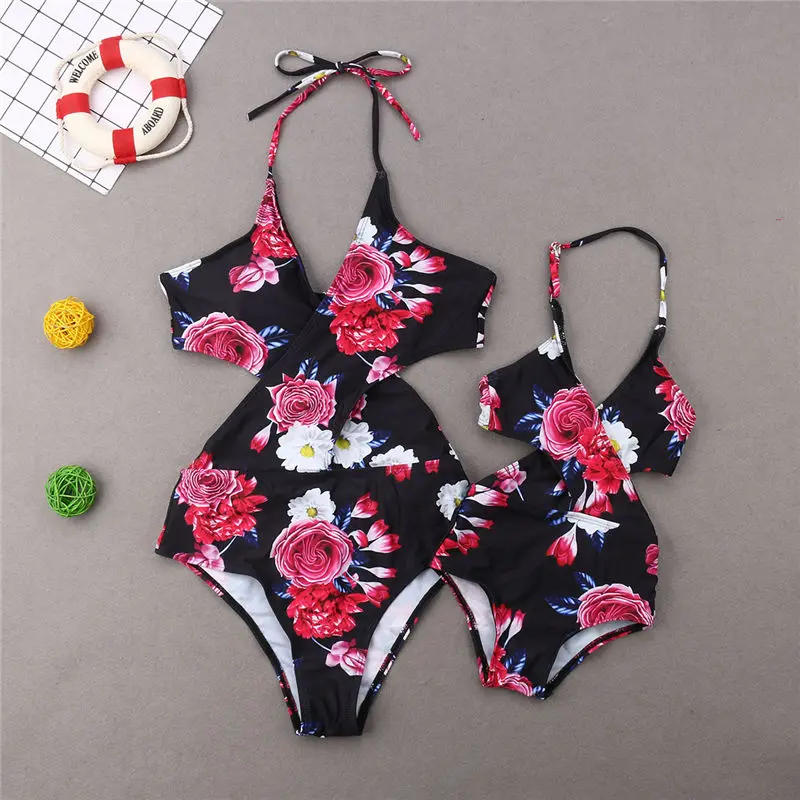 

Family Matching Swimwear Mother Daughter Floral Swimsuit Women Halter Monokini Kids Girls Swimming Suit Summer Beachwear Bathing