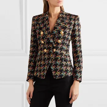 

Autumn New Runway Houndstooth Tweed Blazers Women Long Sleeve Lapel Blazer