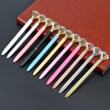 

Big Carat Diamond Crystal Pen Gem Ballpoint Pen Ring Wedding Office Metal Ring Roller Ball Pen Rose Gold Silver Pink Purple Blue