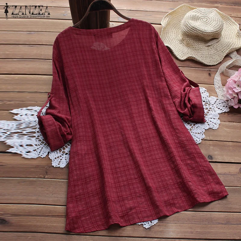 الصيف السيدات كم طويل Blusas 2019 ZANZEA خمر المرأة عارضة منقوشة بلوزة قميص فضفاض تونك رداء زائد حجم الأنثوية قمم