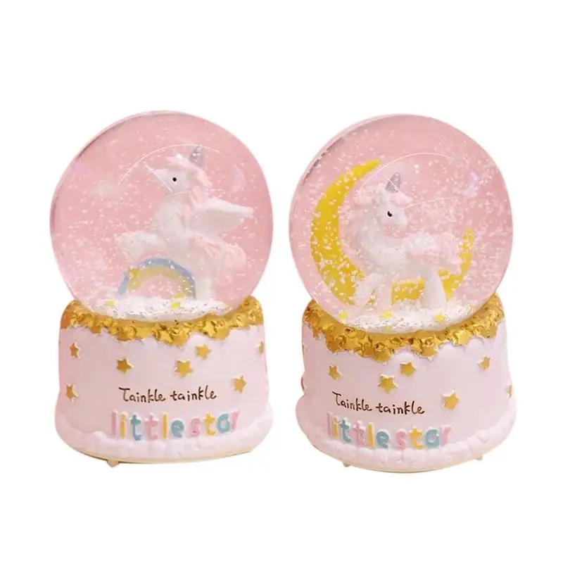 

Crystal Ball Music Box Pink Girl Star Moon Rainbow Unicorn Glowing Snowflakes Music Box Home Decoration Desktop Ornament