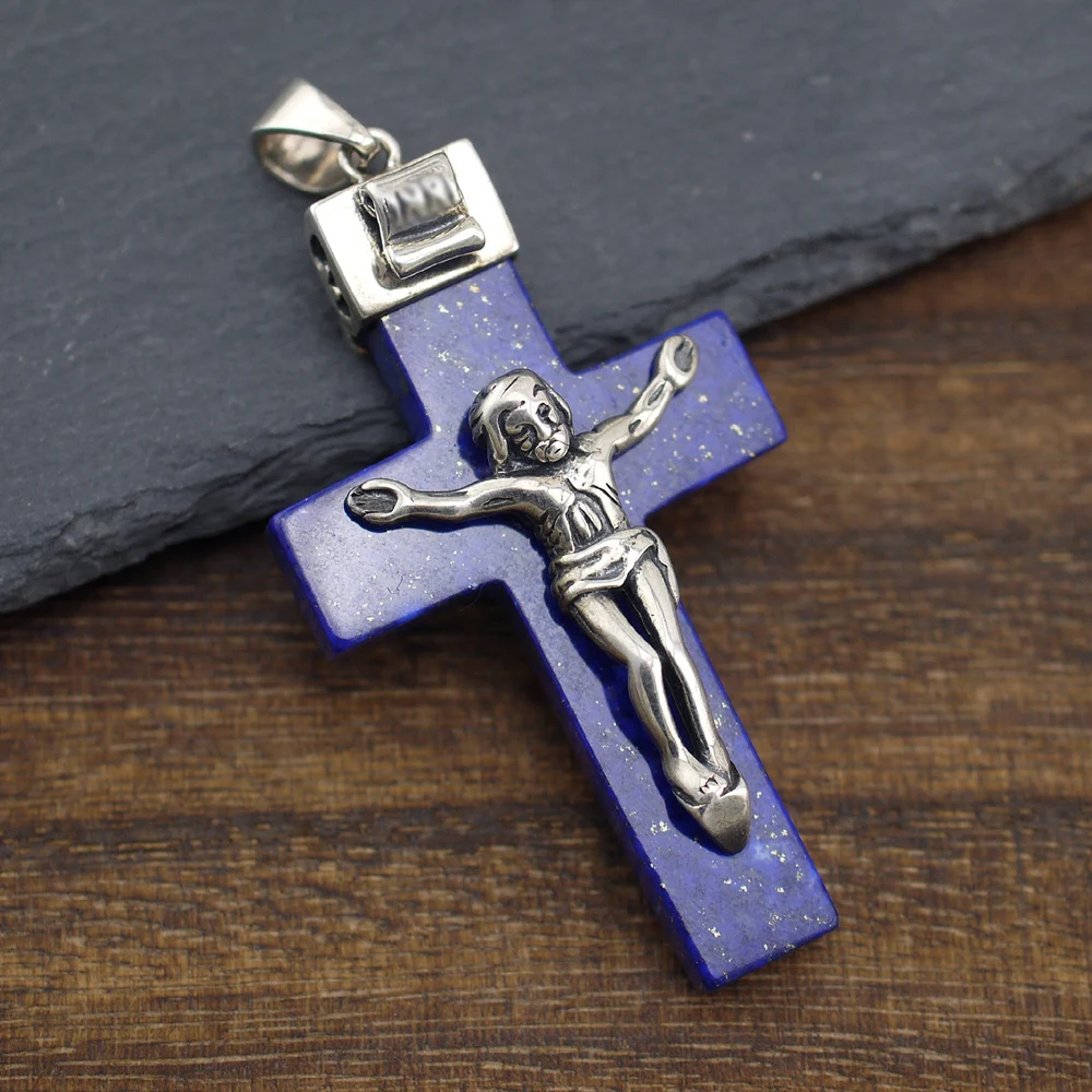

925 Sterling Silver Fashion Jewelry Jesus lapis lazuli Cross Prayer Pendant A2546