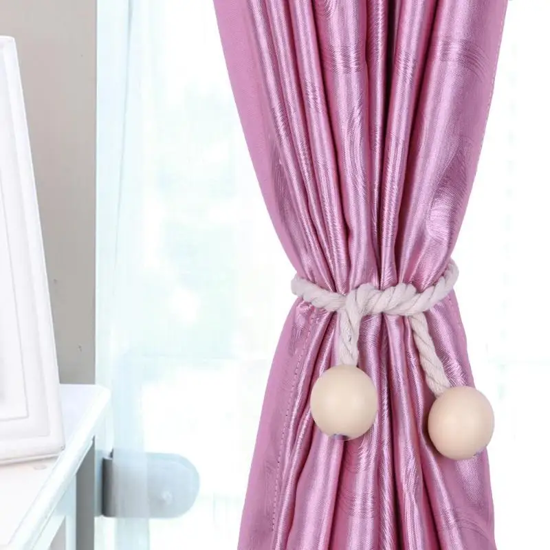 

2pcs Simple Cotton Rope 2 Wooden Balls Magnet Curtain Tiebacks Clasp Belt