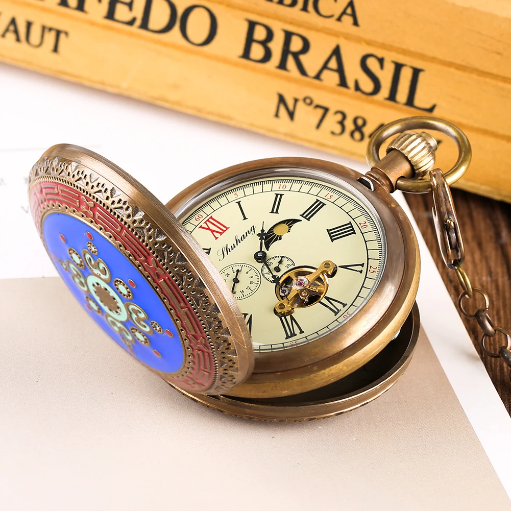 

Retro Double Full Hunter Mechanical Pocket Watch for Men Pure Copper Horizontal Phases Moon Sun 24-Hour Watches for Women Gift