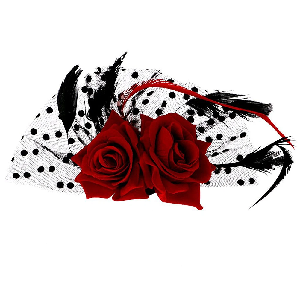 

Bridal Fascinator Red Rose Flower Dots Hair Clips Headwear Wedding Supplies for Women Ladies Girls(Red)