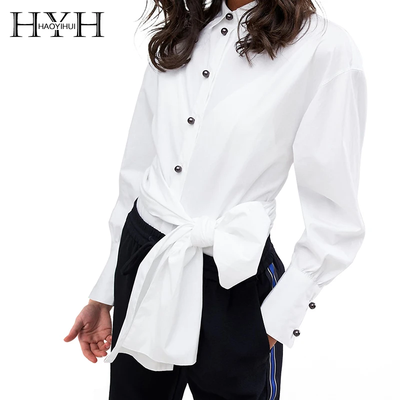 HYH HAOYIHUI 2019 New Tops Office Commuter Ladies Long Sleeve Bow Slim White Shirt Female Cute |