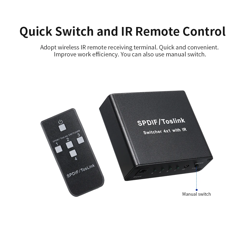 Цифровой оптический аудио SPDIF TOSLINK 4x1 переключатель с ИК пультом дистанционного