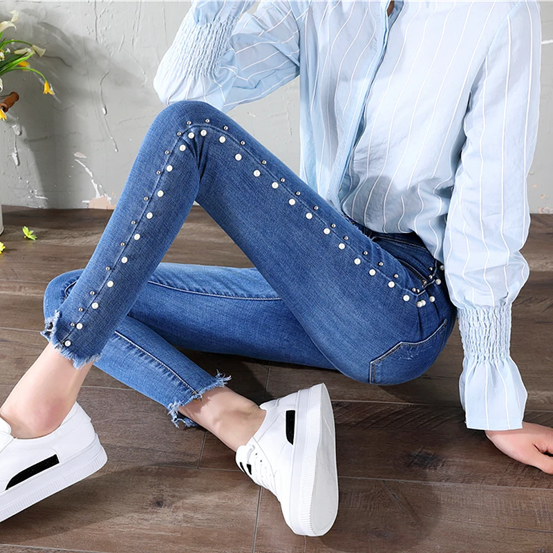 2018 perlas lpiz джинсы moda потертый подол rasgado узкие деним primavera otoo alta cintura mujeres pantalones
