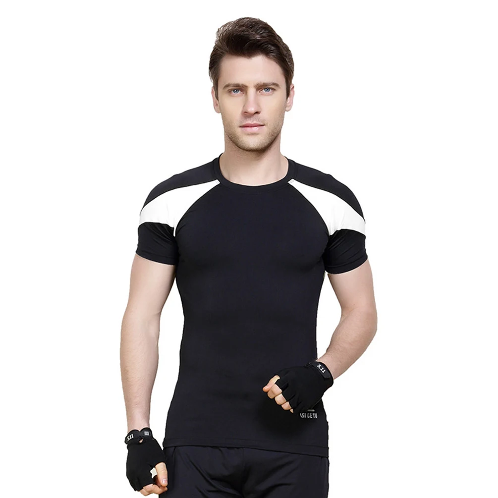 Vbiger Men Short Round Collar Sleeve Running Shirt Fitness Blouse
