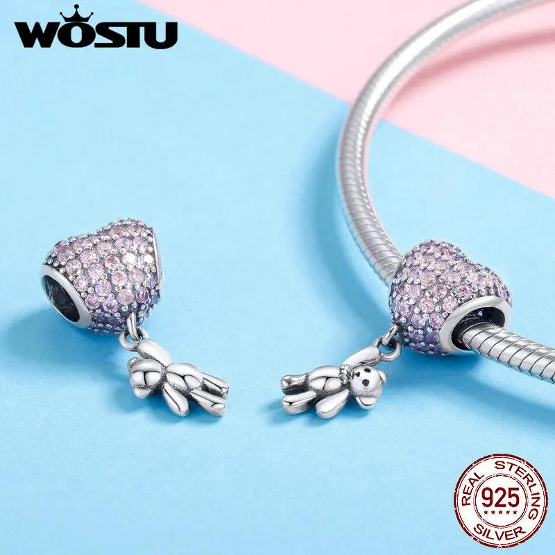 Ожерелье и браслет WOSTU из серебра 925 пробы с шариками медведями подходит для