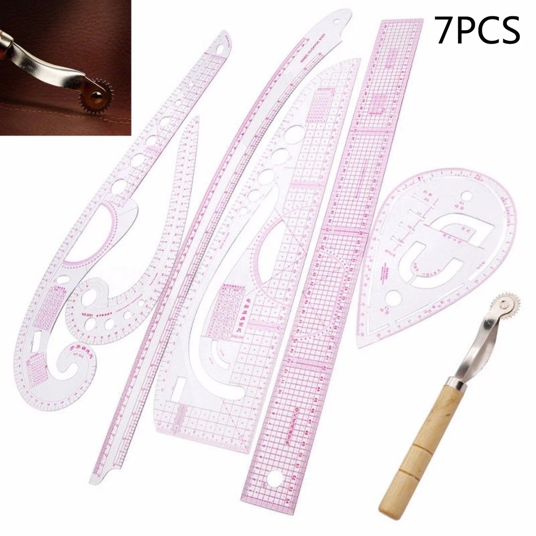 

Tailor Measuring Kit 7Pcs Clear Sewing Drawing Ruler French Curve Paddle Wheel