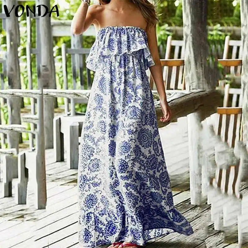 VONDA 2019 الصيف مثير النساء طويل ماكسي اللباس الزهور طباعة حزب اللباس معطلة الكتف أكمام Vestidos زائد حجم S-5XL