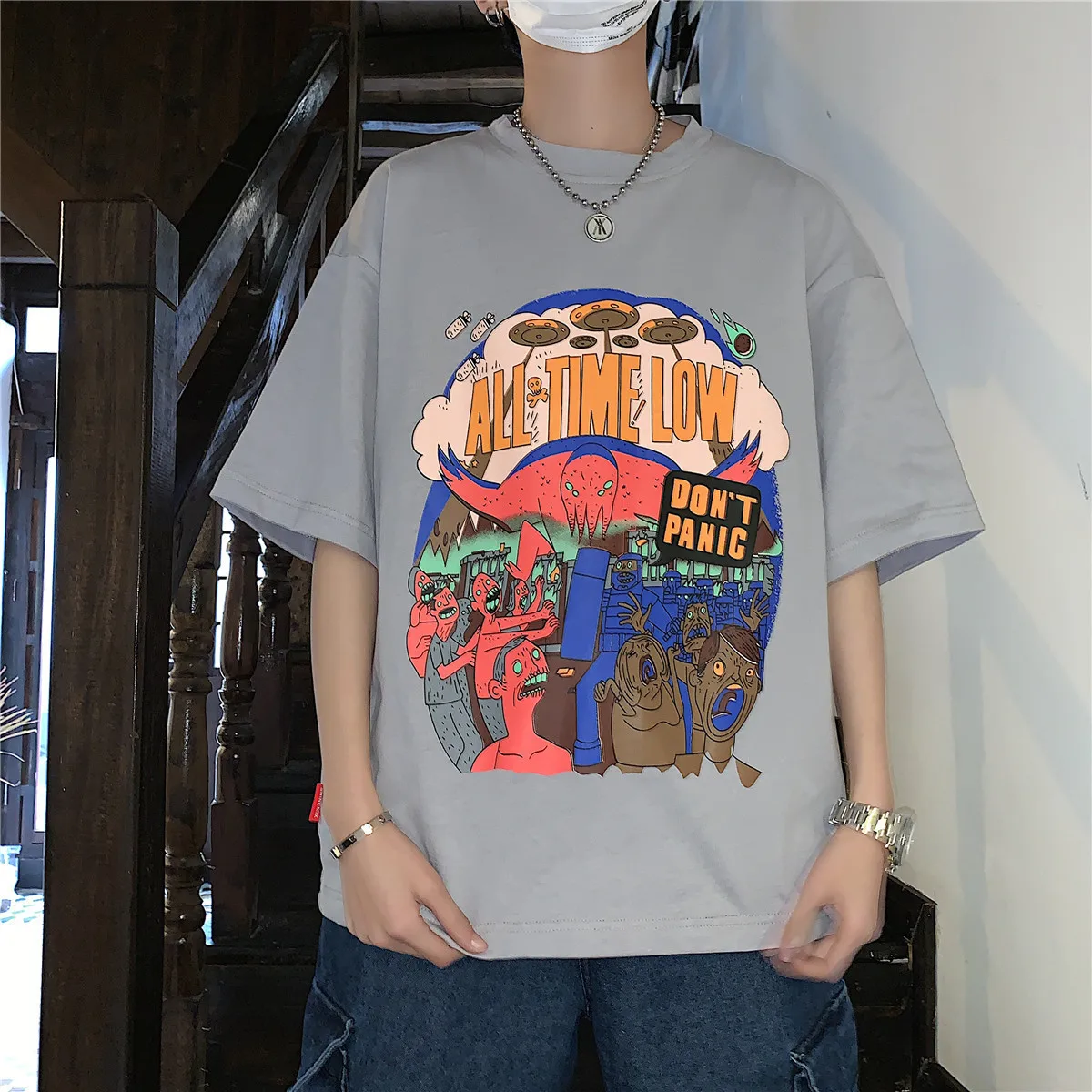 

2019 Summer Men's Fashion Trend Cartoon Printing Loose Short Sleeve Cotton Clothing Grey/black/Violet Color T-shirts Size M-XL