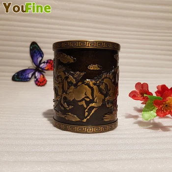 

Vintage Chinese style bronze pen holder embossed eight horses animal decoration desktop pen storage ornaments
