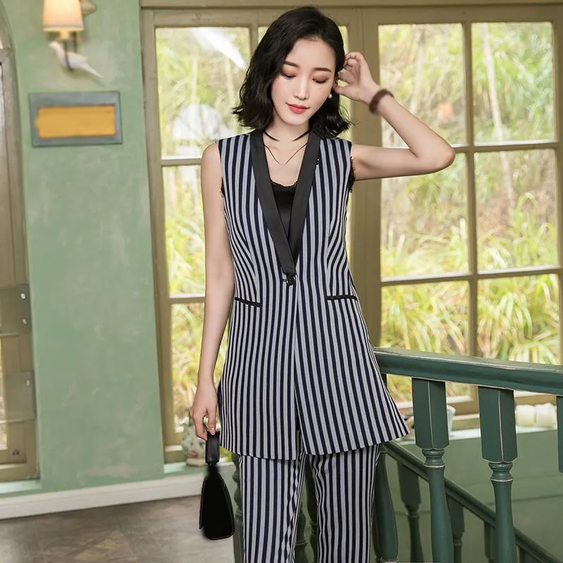 2 Piece Set Elegant Women Long Vest Suit Plus Size Casual Blazer Suit Sleeveless Striped Jacket Office Lady Blazer Trousers 5XL